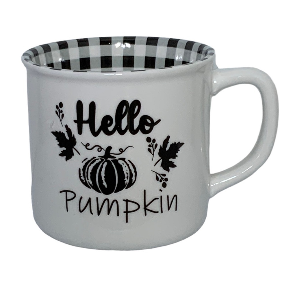 Mug Hello Pumpkin Phrase Gingham Check Buffalo Plaid Accented Ceramic  16 OZ - Picture 14 of 14